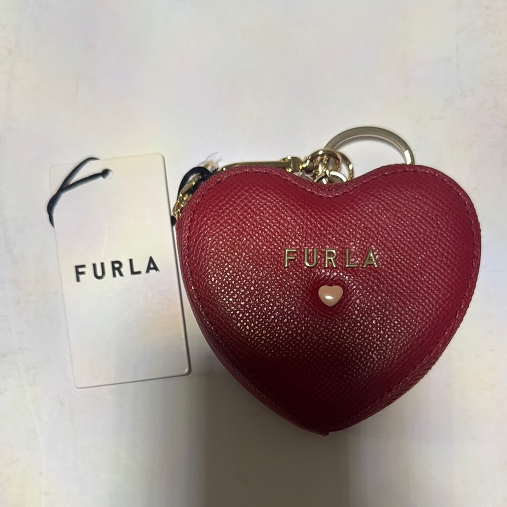 Furla Red Heart Coin Pouch with Gold Keyring